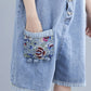 Fat Mm Artistic Style Embroidered Denim Suspenders