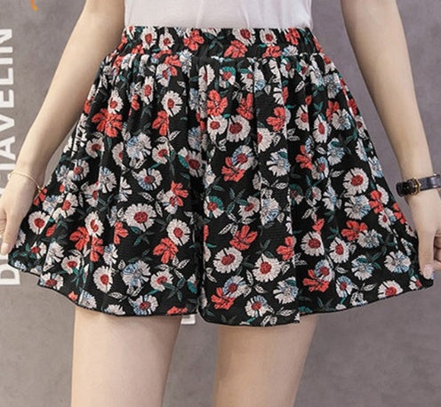 Chiffon large size wide leg pants half length loose printed shorts