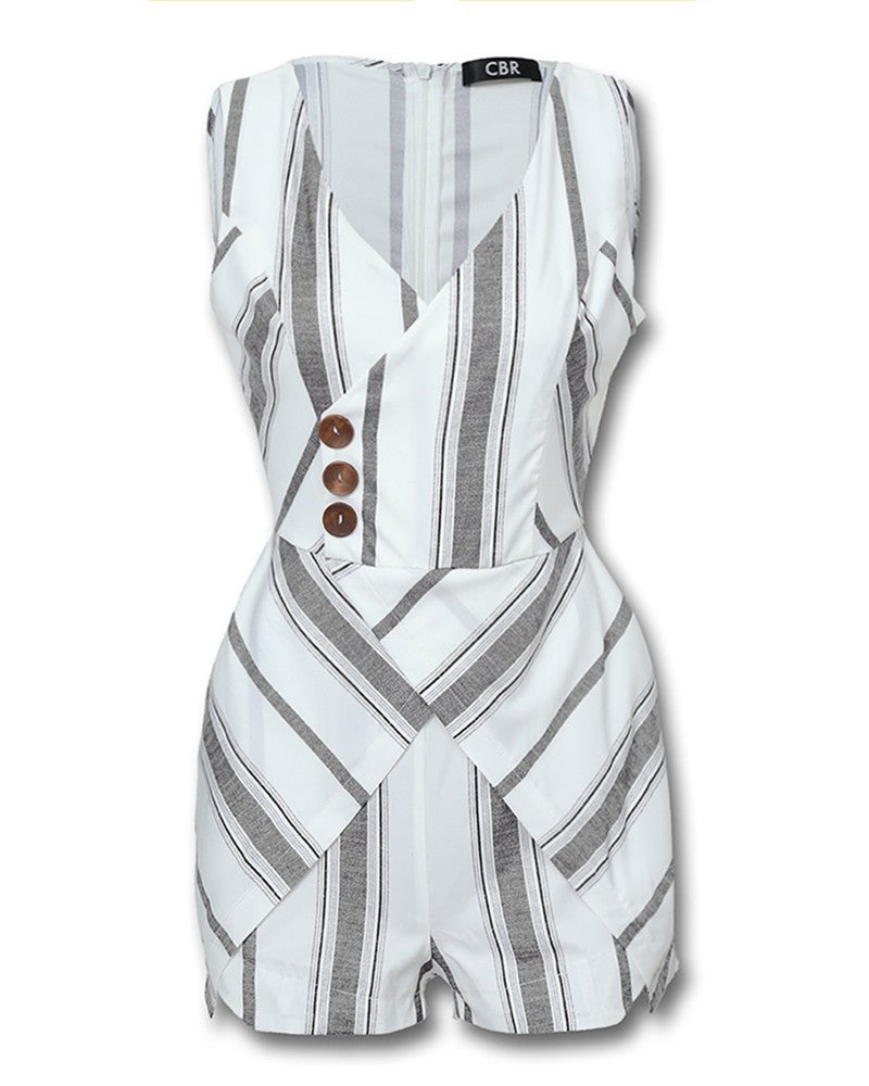 Sleeveless striped slim split one-piece culottes