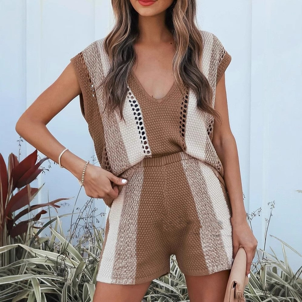 Women's Fashion Casual Shorts V-neck Two-piece Suit
