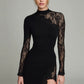 Long Sleeved Sheer Figure Hugging Lace Embellished Wrap Dress With A Slit And Patchwork Design
