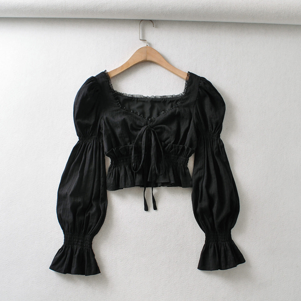 New Style Square Collar Lace Lantern Sleeve Short Shirt