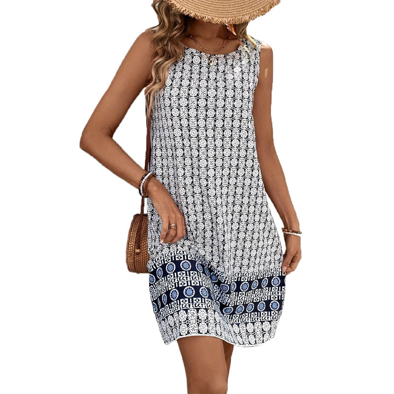 Retro-printed Sleeveless Crew-neck Casual Resort Dress