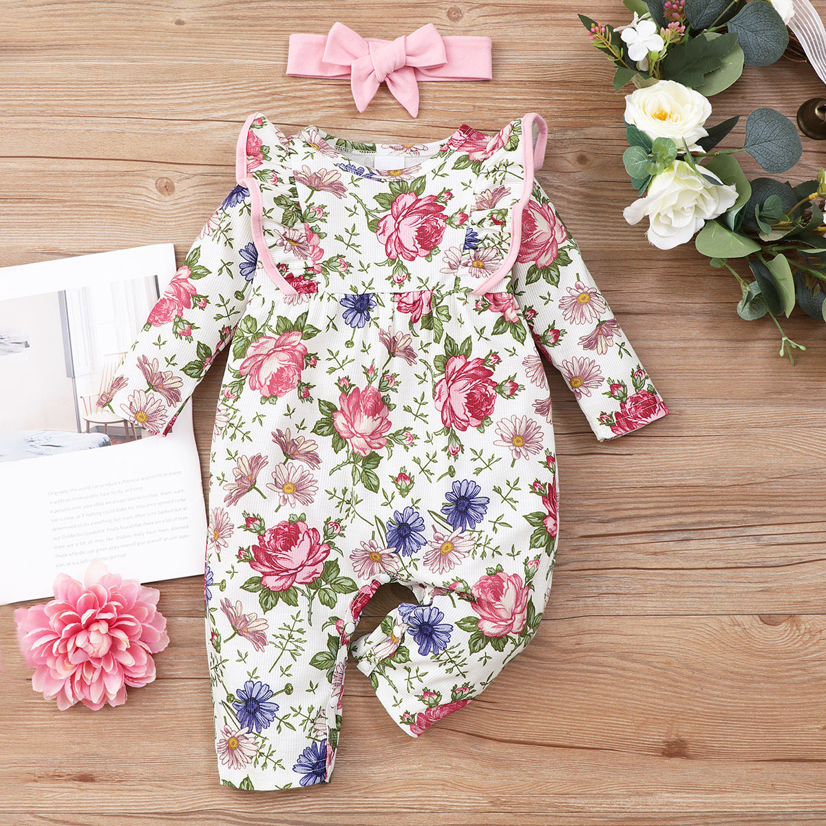 Girls' Long-sleeved Ruffled Printed One-piece Romper Hair Band Two-piece Set