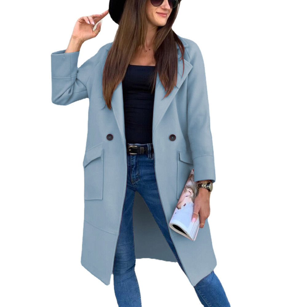 Manteau en laine à manches longues et col boutonné, couleur unie, automne et hiver