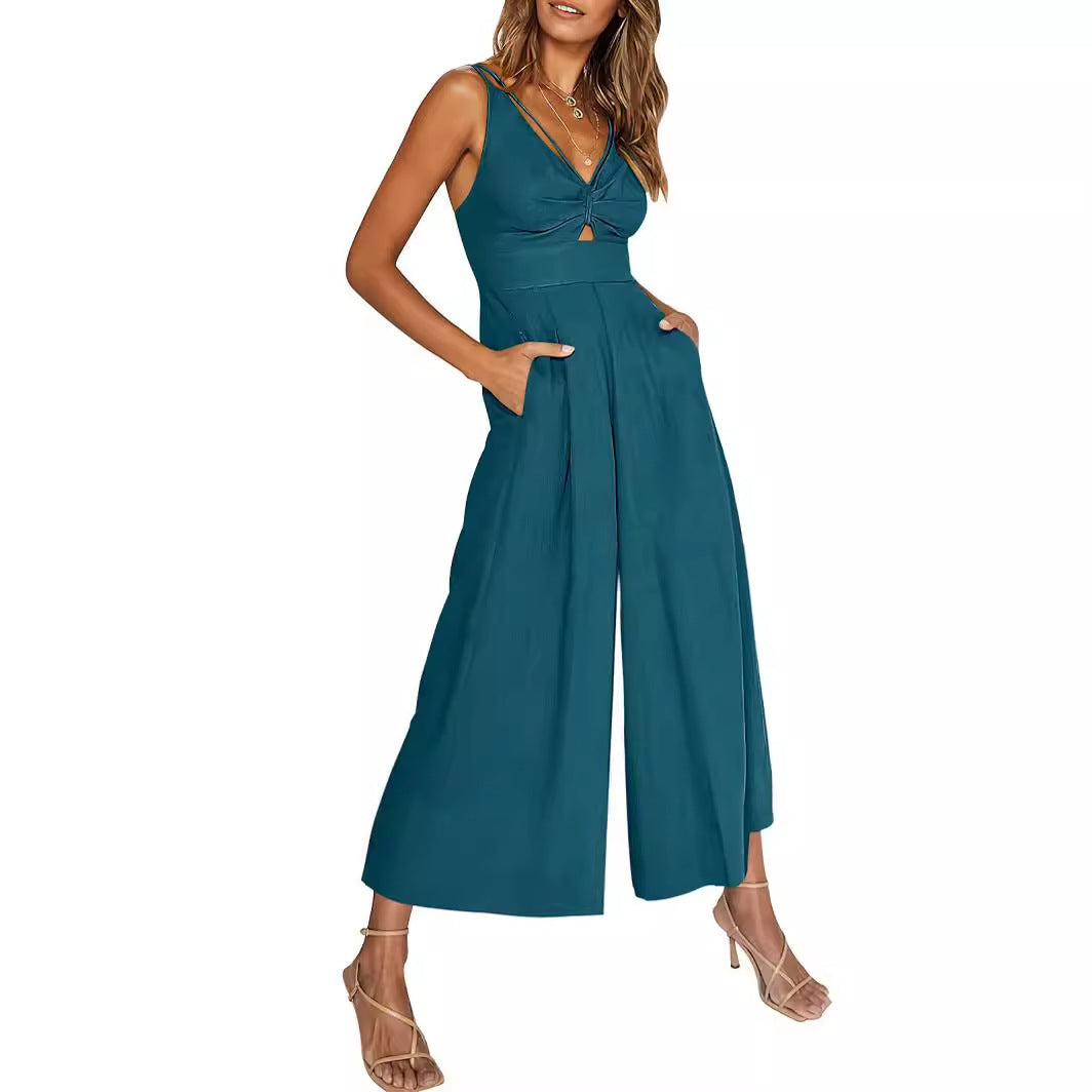Combinaison d'été à col en V et bretelles ajourées, plissée, taille haute, jambes larges, poches pour femmes