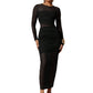 Womens Solid-Color Crew-Neck Mesh-Patchwork Bodycon Midi Skirt