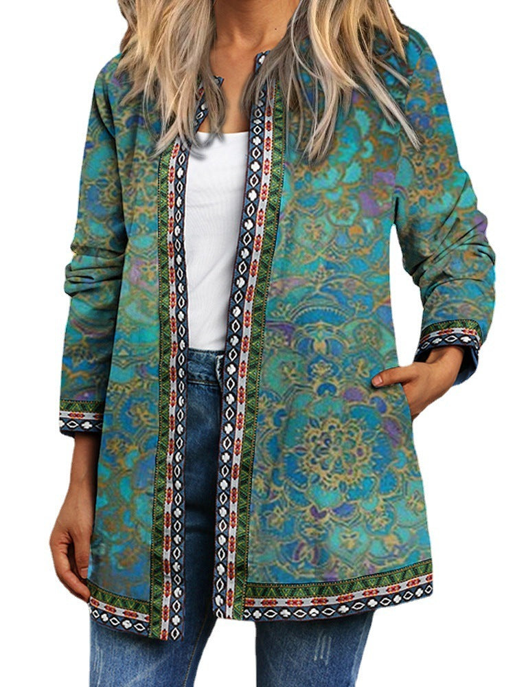 Vintage Ethnic Print Long Sleeve Jacket Cardigan Women's
