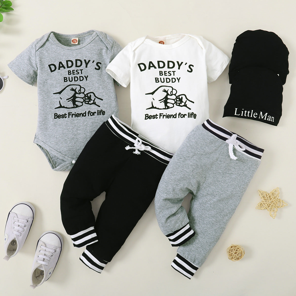 Monogram Print Short Sleeve Top Solid Color Trousers 3 Piece Suit