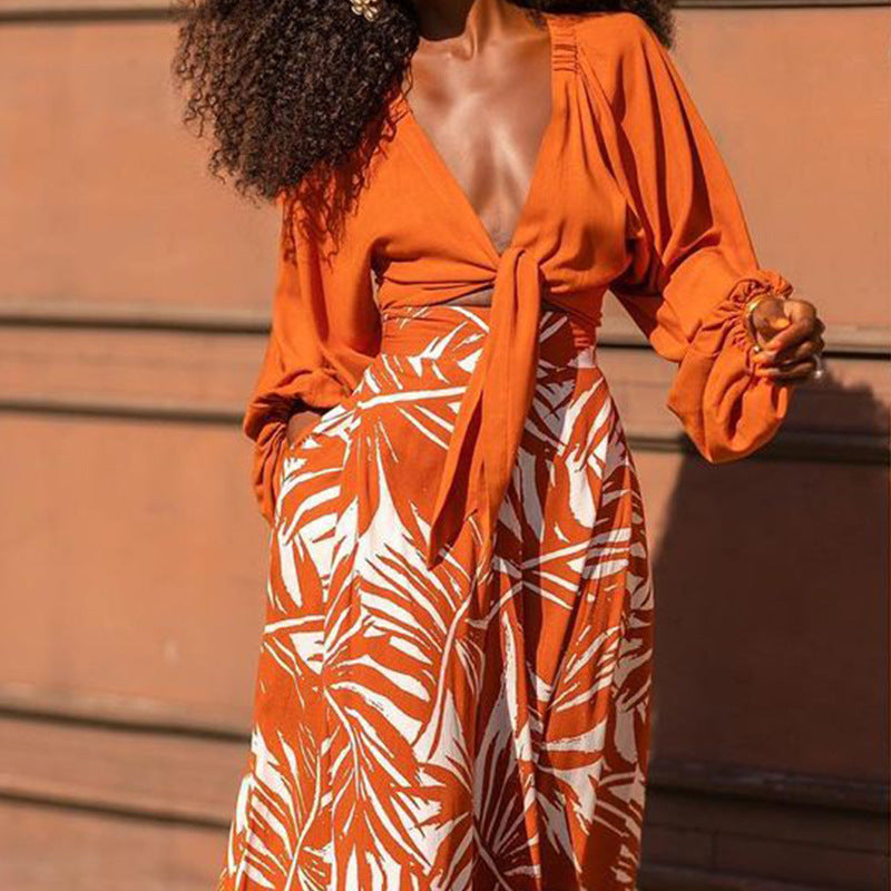 Ensemble pantalon imprimé tendance à col en V pour femme