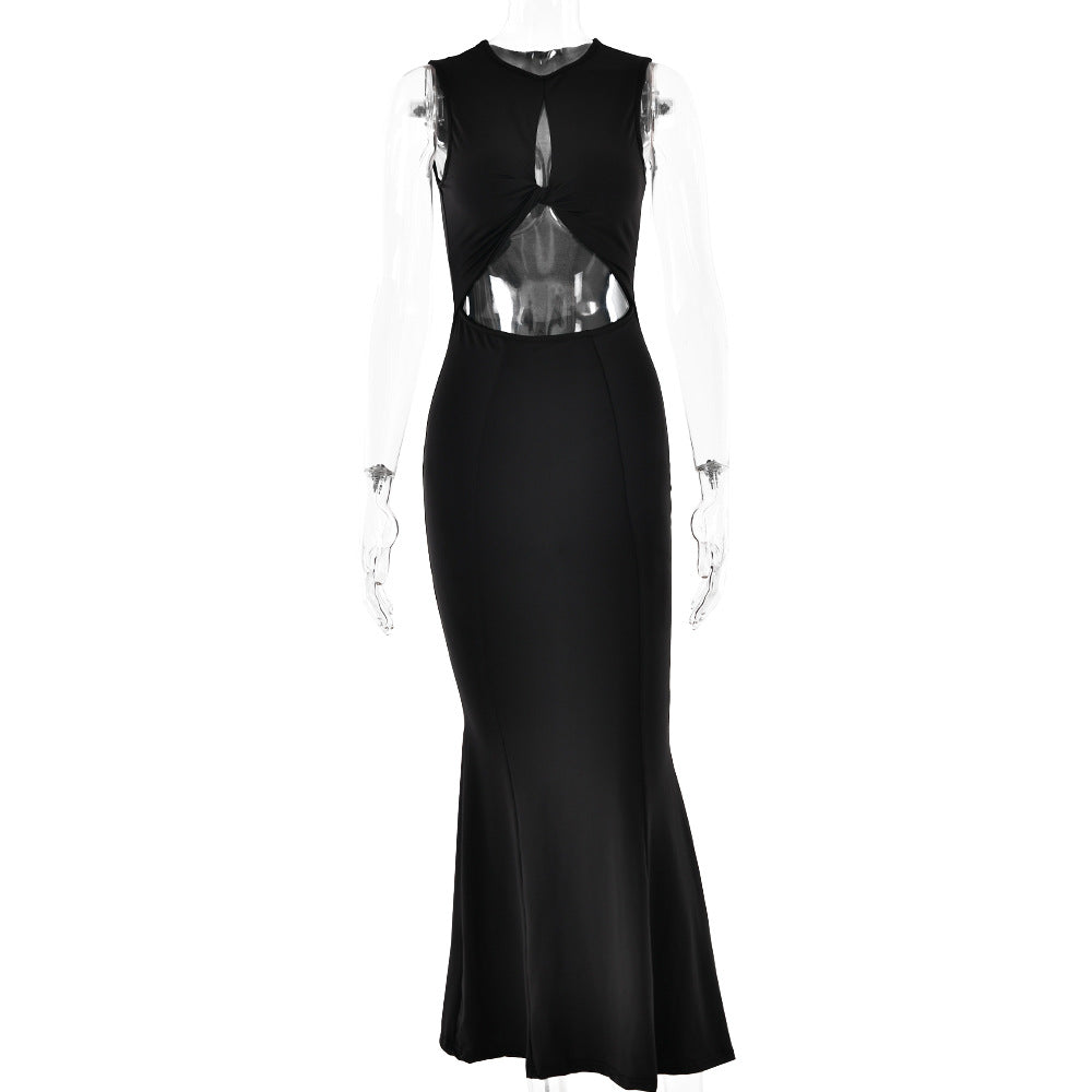 Spring Girl Round Neck Sleeveless Stitched Backless Sheath Dress