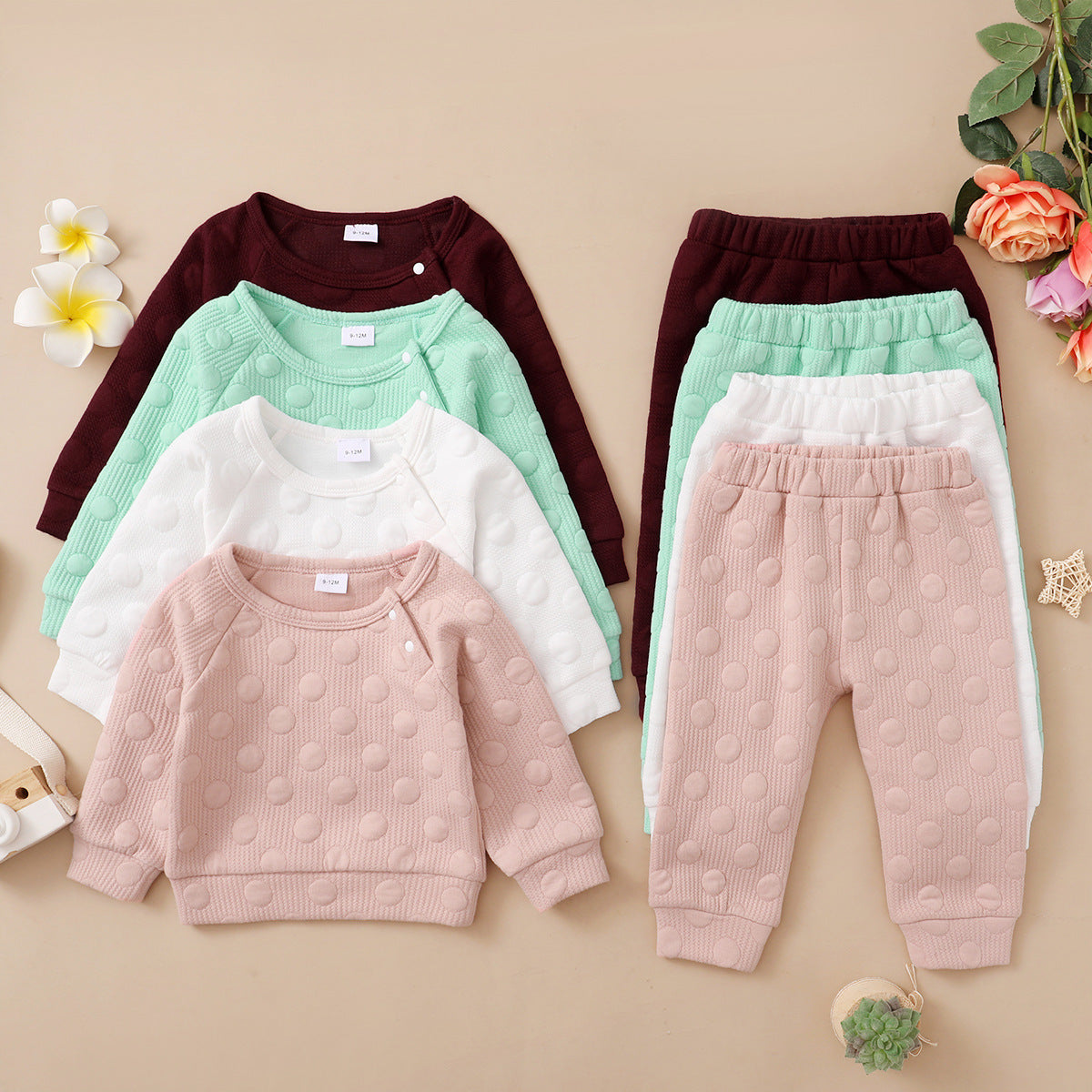 Ensemble printemps-automne pour garçons et filles, couleur bonbon, couleur unie, pois, col rond, manches longues, pantalon, vêtements pour enfants