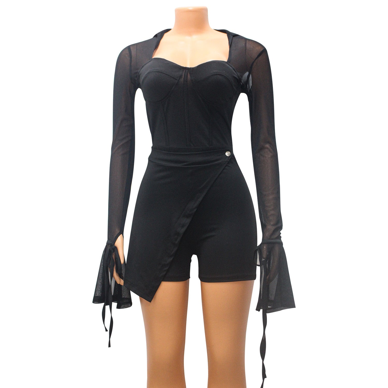 Mesh See-through Bell Sleeve Jumpsuit Shorts