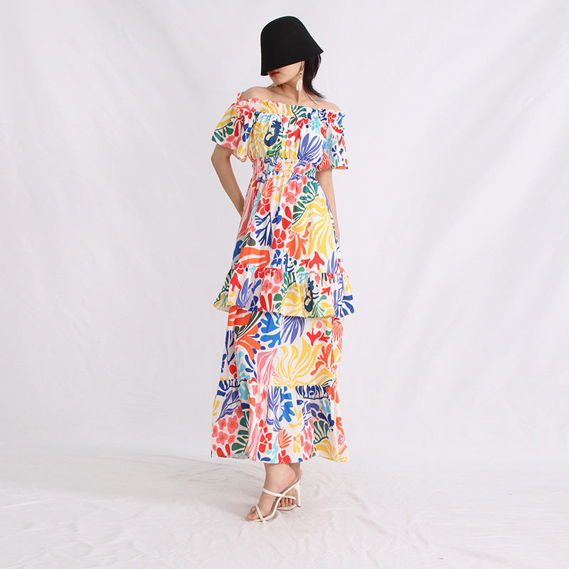 Summer Boat Neck Wooden Ear Design Short Sleeve High Waist Cake Dress