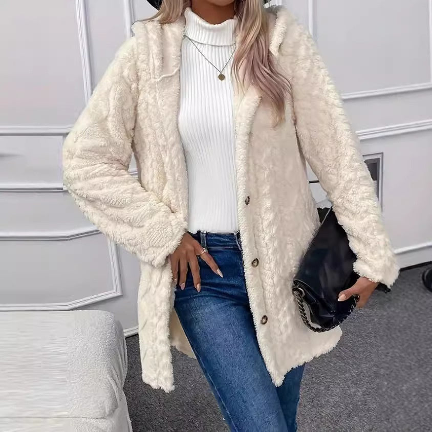 Cardigan à capuche boutonné, veste longue d'hiver, manteau à manches longues de couleur unie