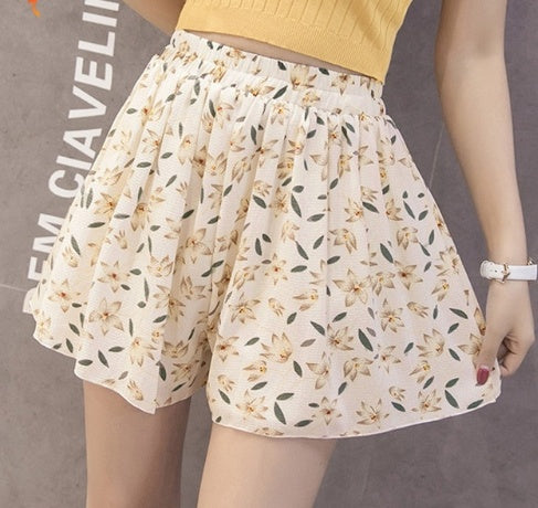Chiffon large size wide leg pants half length loose printed shorts