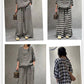 Half Sleeve Linen Plaid Round Neck T-shirt Wide Leg Pants