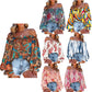 Women's Printed Off-neck Flare Sleeve Tie-neck Shirt