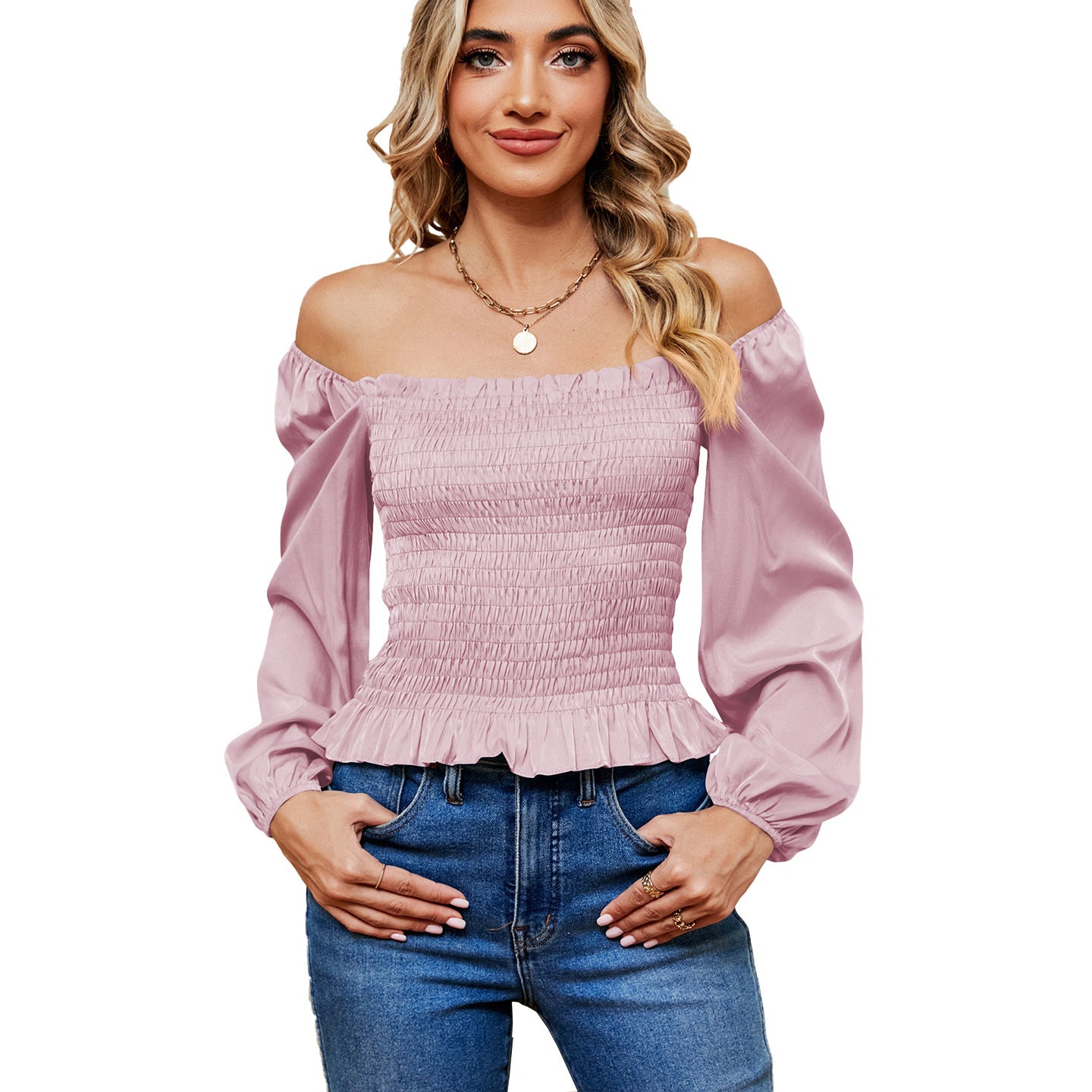 Women's Solid Color Square Collar Off-shoulder Slim Long Sleeve Top
