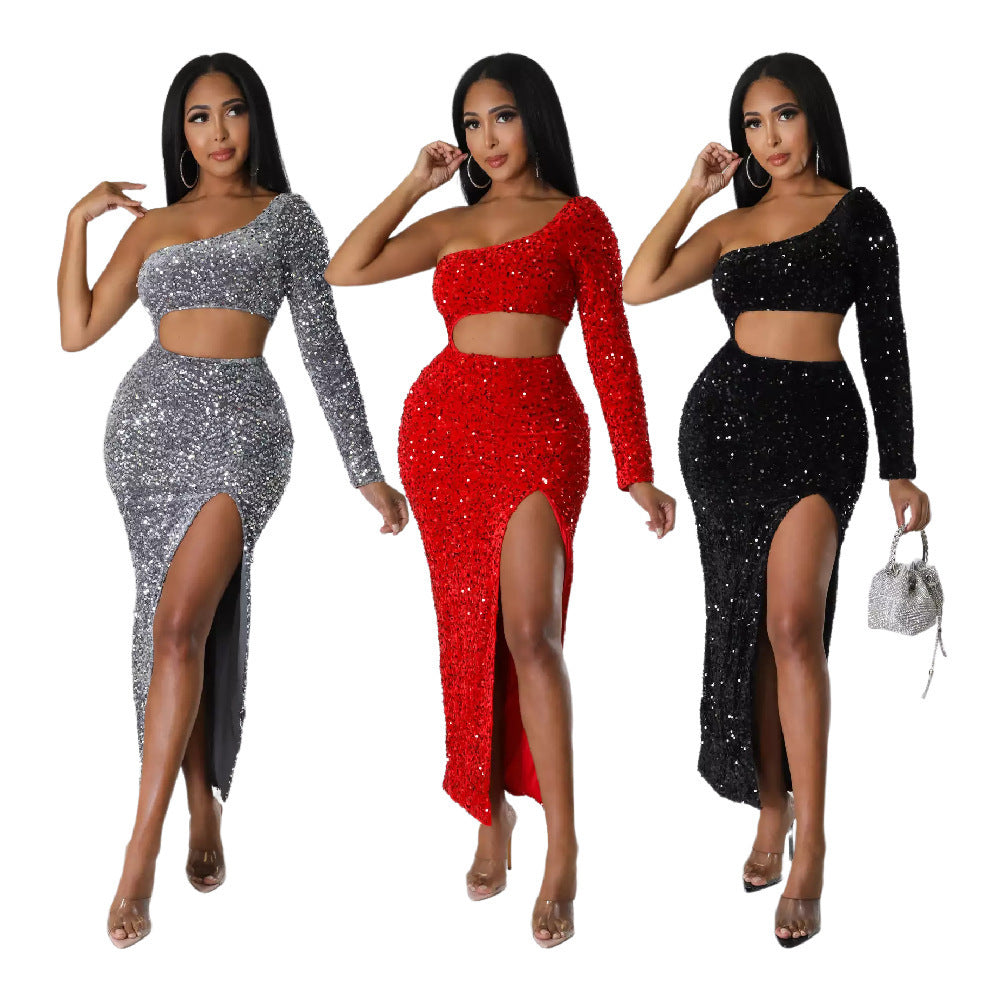 One-shoulder Fashionable Sequins Navel Split Hip Women's Clothing Dress
