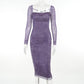 Woman Square-neck Lace Stitching Printing Long Sleeve Dress