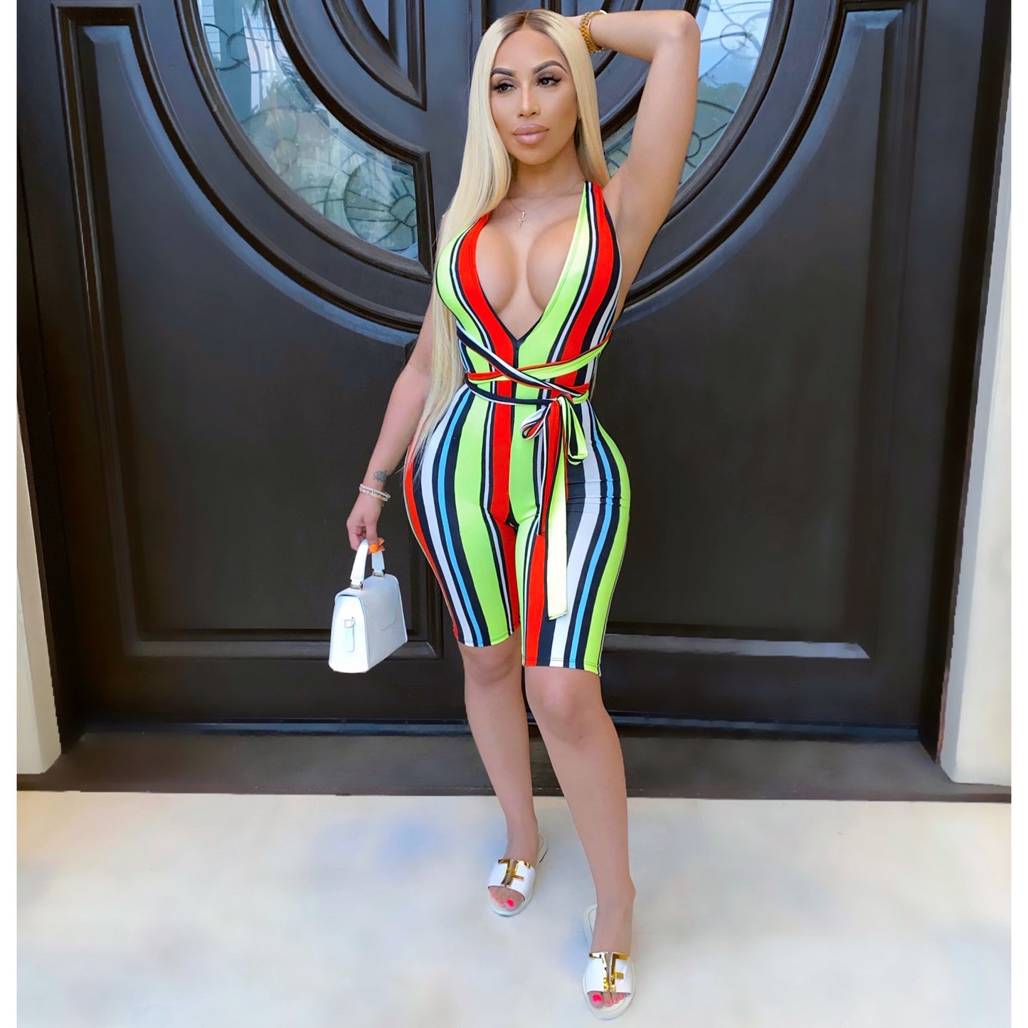 Colorful striped tie sports jumpsuit