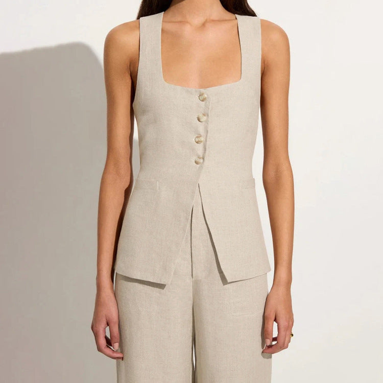 Cotton Linen Commuter Sleeveless Square Collar Lace Up Vest Jacket High Waist Wide Leg Pants Suit