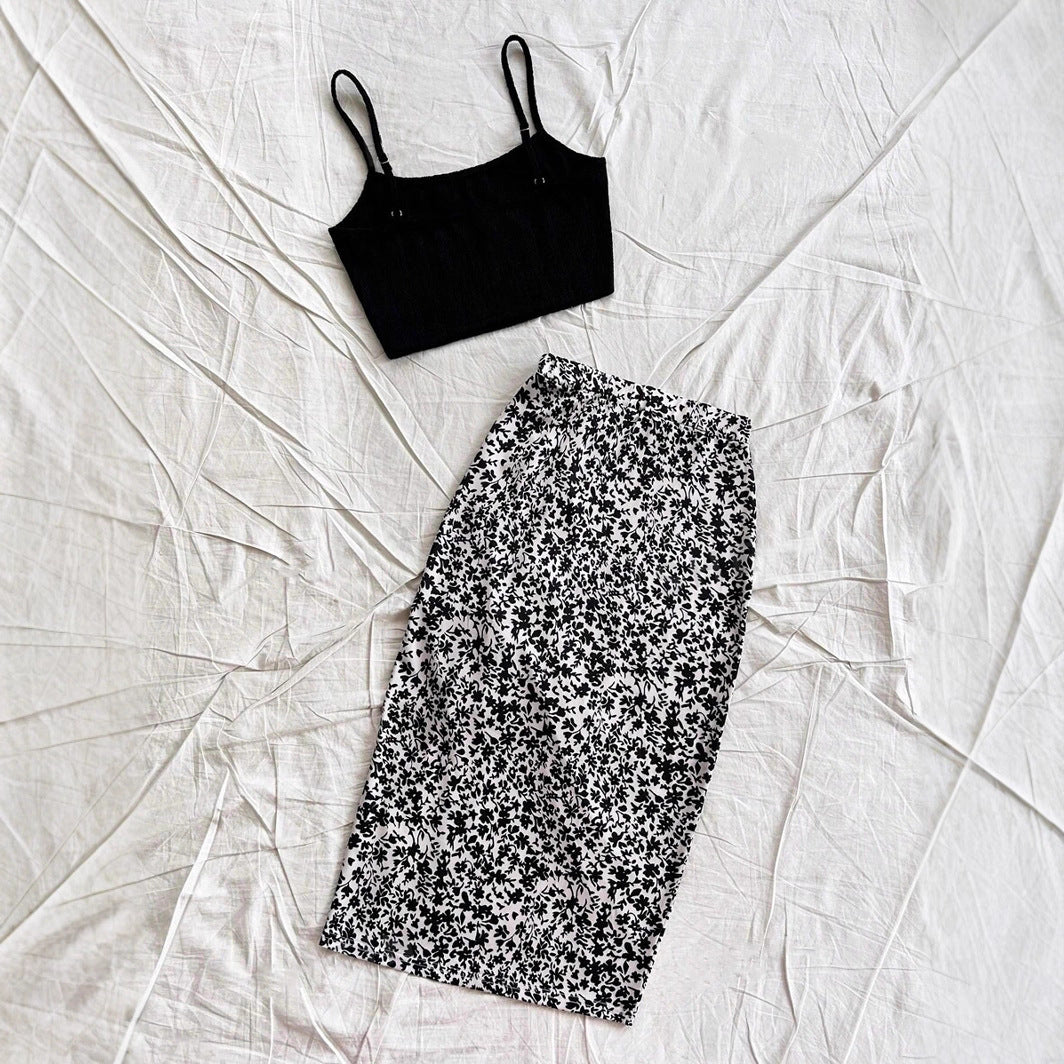 Solid-color Spaghetti-strap Top And Floral-print Slit Hem Skirt Set