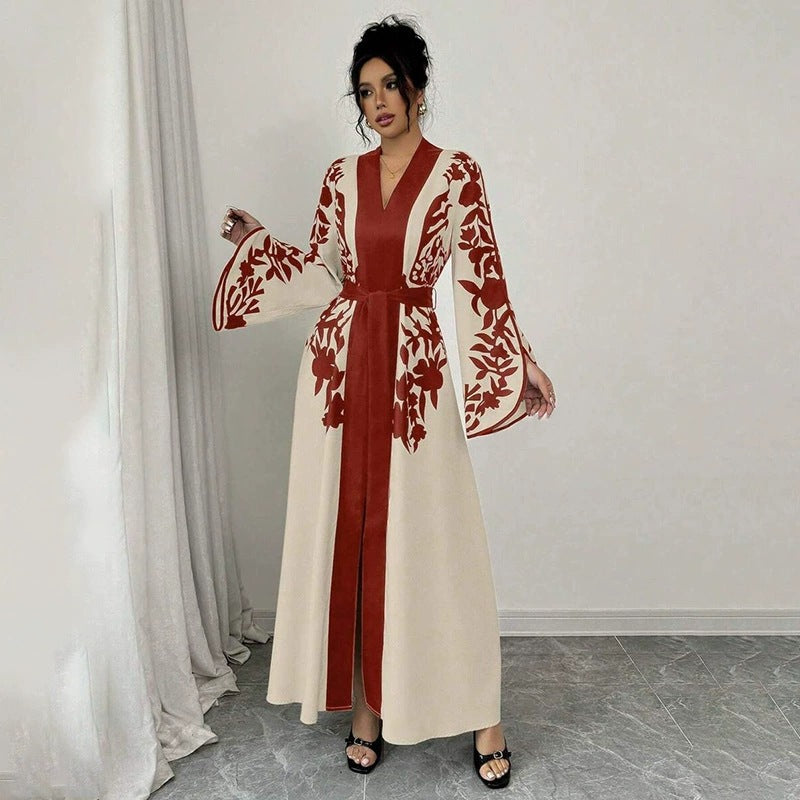 Women's V-neck Long Cardigan Printed Flared Long-sleeve Lace-up Dress