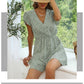 Women's Green Leopard Print V-neck Wide-leg Jumpsuit