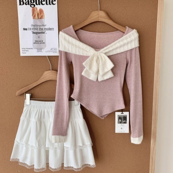 Small Sized Man's Wear A Set Of Fall Slim Fit Slimming Bow Top Female High Waist Tiered Dress