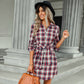 Women's Clothing Foreign Trade Fashion Plaid Drawstring Waist-tight Dress