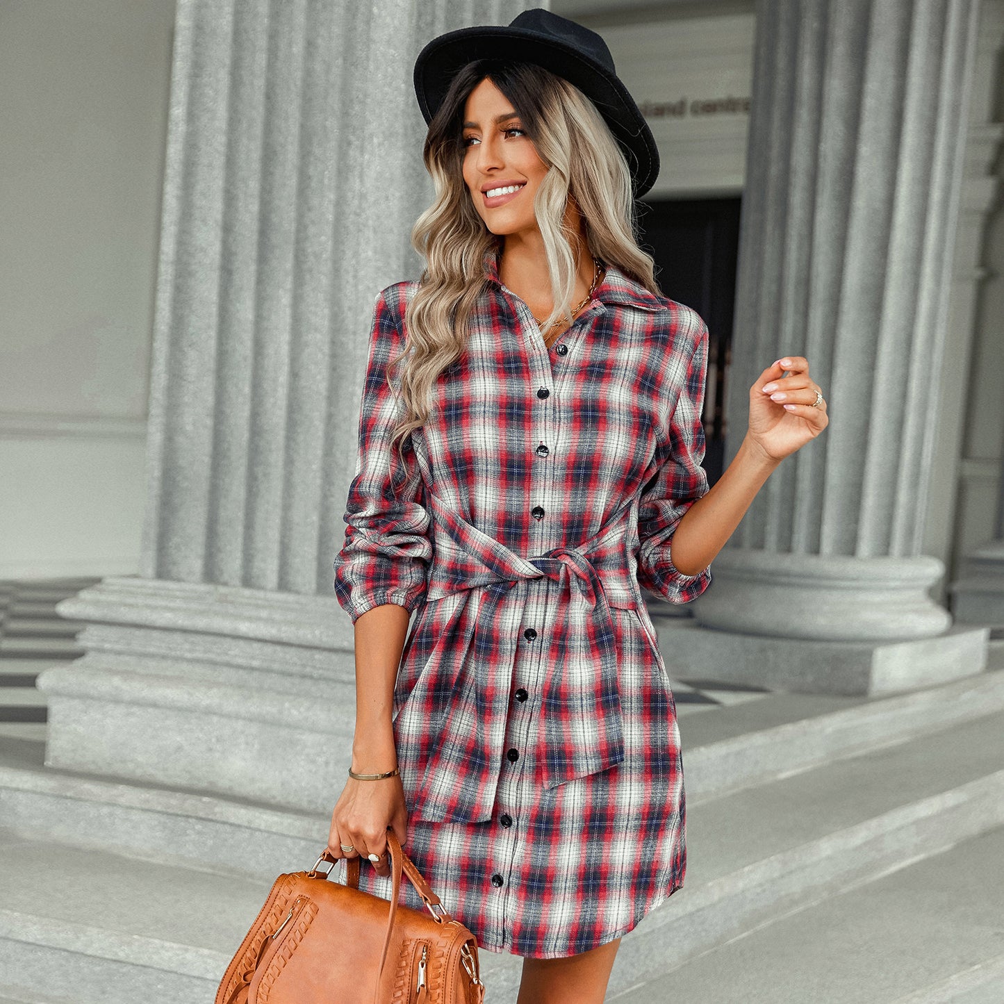 Women's Clothing Foreign Trade Fashion Plaid Drawstring Waist-tight Dress