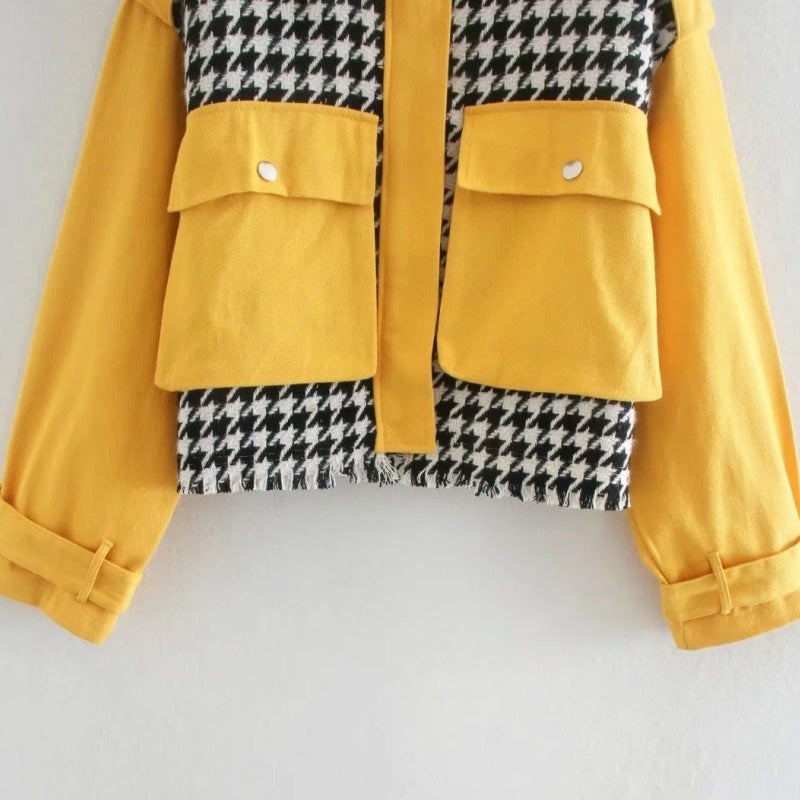 Short Houndstooth Woolen Texture Small Lapel Single Pocket