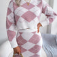 Hit Color Diamond Lattice Midriff-baring Sweater Hip Skirt Casual Suit