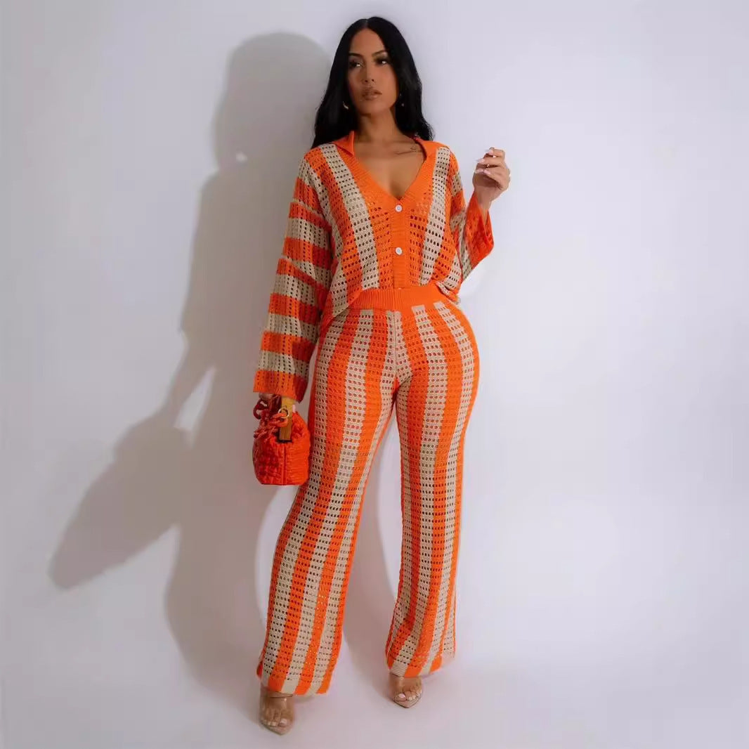 Knitted Sweater Fashion Cutout Wide Leg Knitted Two-piece Sweater