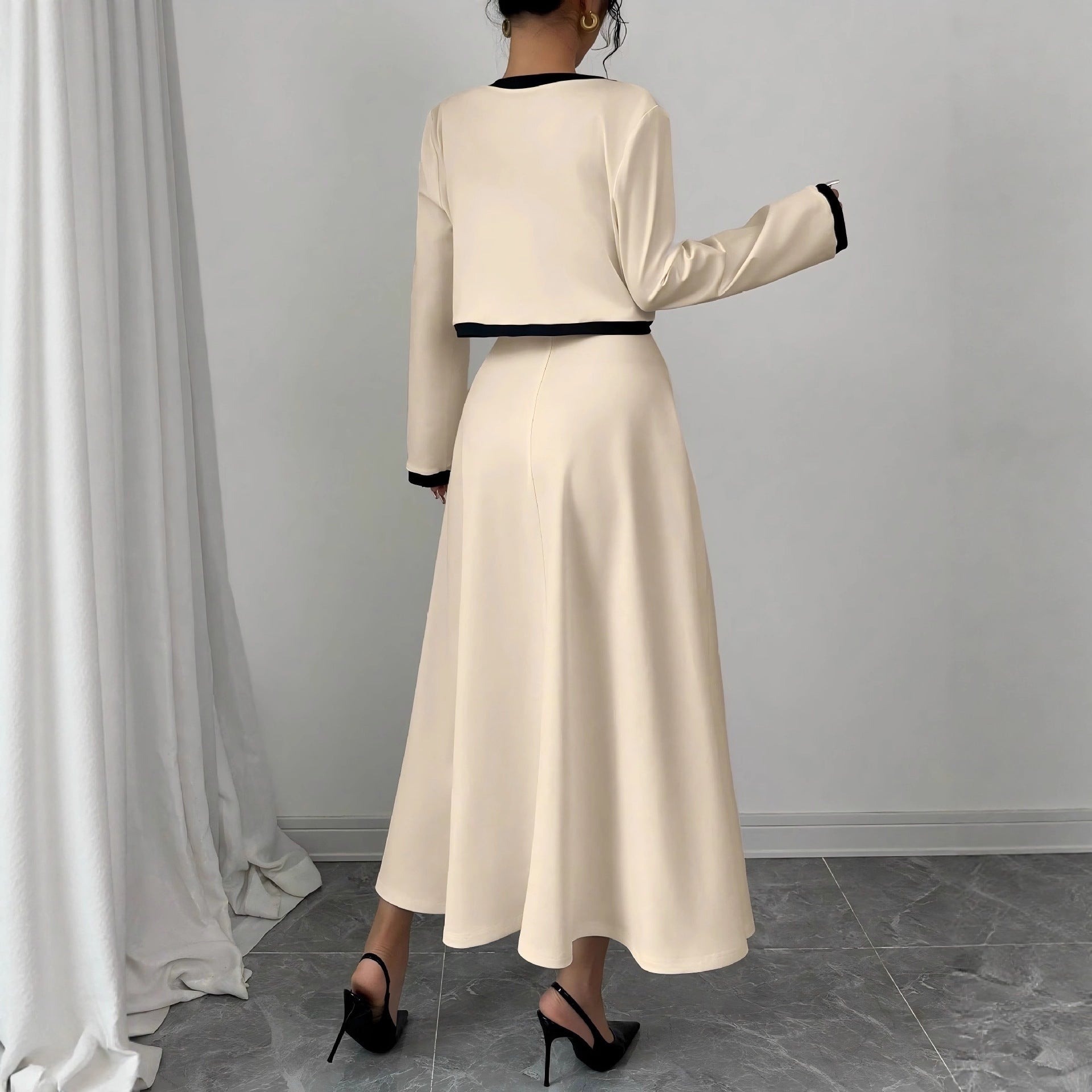 Womens French-style Long-sleeve Cropped Jacket And Slip Dress Two-piece Set