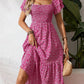 New European And American-style Square-neck Puffed-sleeve Floral-print Dress