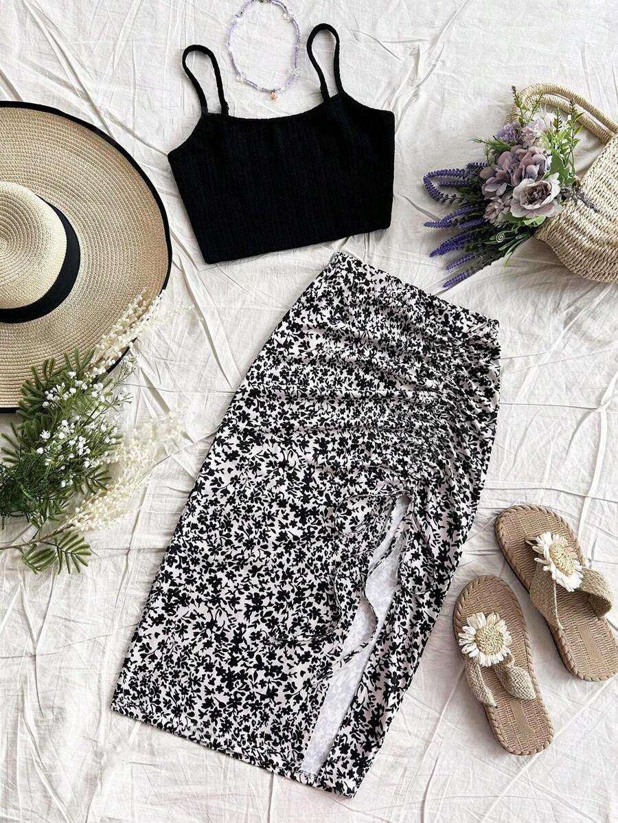 Solid-color Spaghetti-strap Top And Floral-print Slit Hem Skirt Set