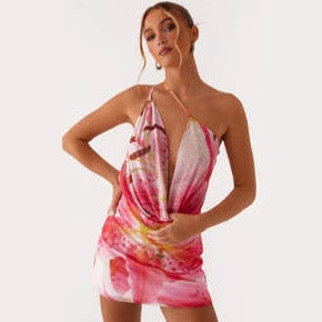 Womens Dress New Style Boat Neck One-Shoulder Crossbody Sexy Printed Dress