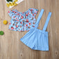 Girls SDuit Blue Floral Overalls + tube Top 2 Piece Set