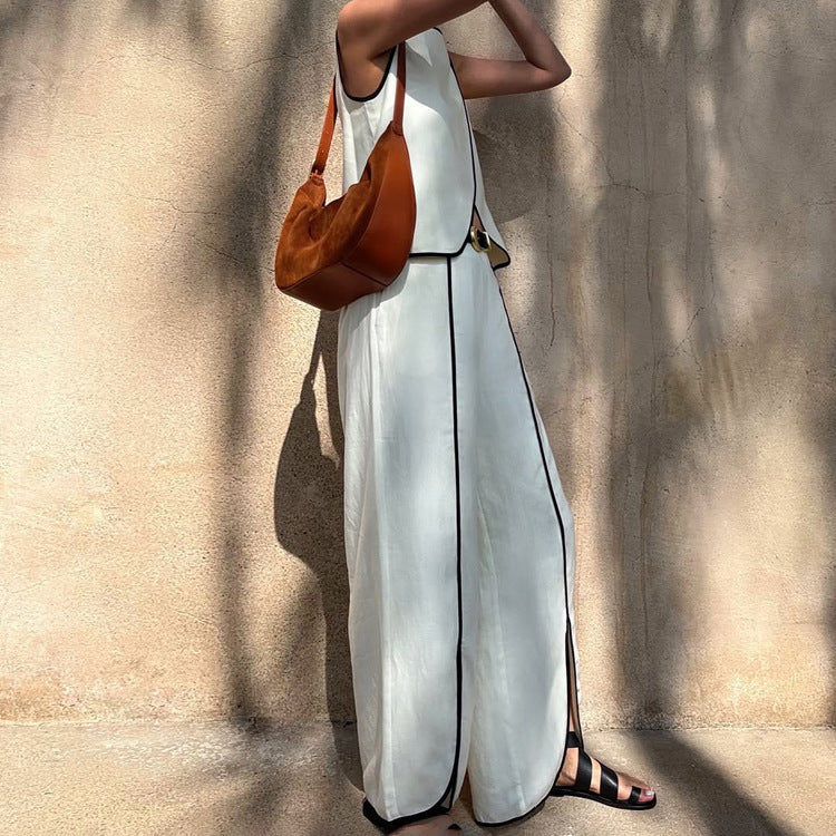 Cross Design Round Neck Sleeveless Top Split Trousers Two-piece Set