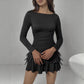 Women's Solid-Color Long-Sleeve Drawstring Fashion Short Dress