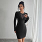 Pure Color Mesh Stitching Chest Design Long Sleeve Slim Fit Dress