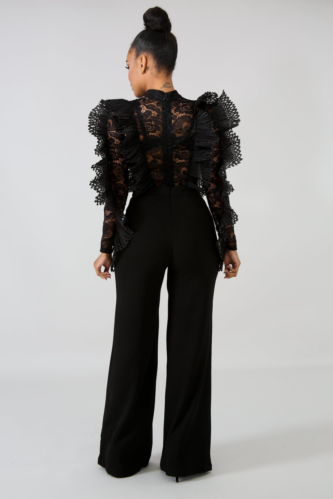 Ruffled lace perspective jumpsuit