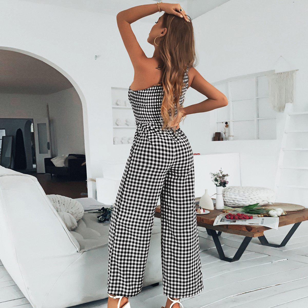 Plaid One-shoulder Top Section Smocking Temperament Polyester Women's Jumpsuit