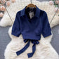 Lace-up Turn-down Collar Short Sleeve Shirt Top Leisure Suit
