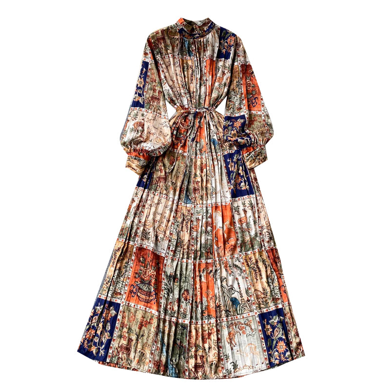 Temperament Slim Long Heavy-duty Pleated Design Print Holiday Skirt