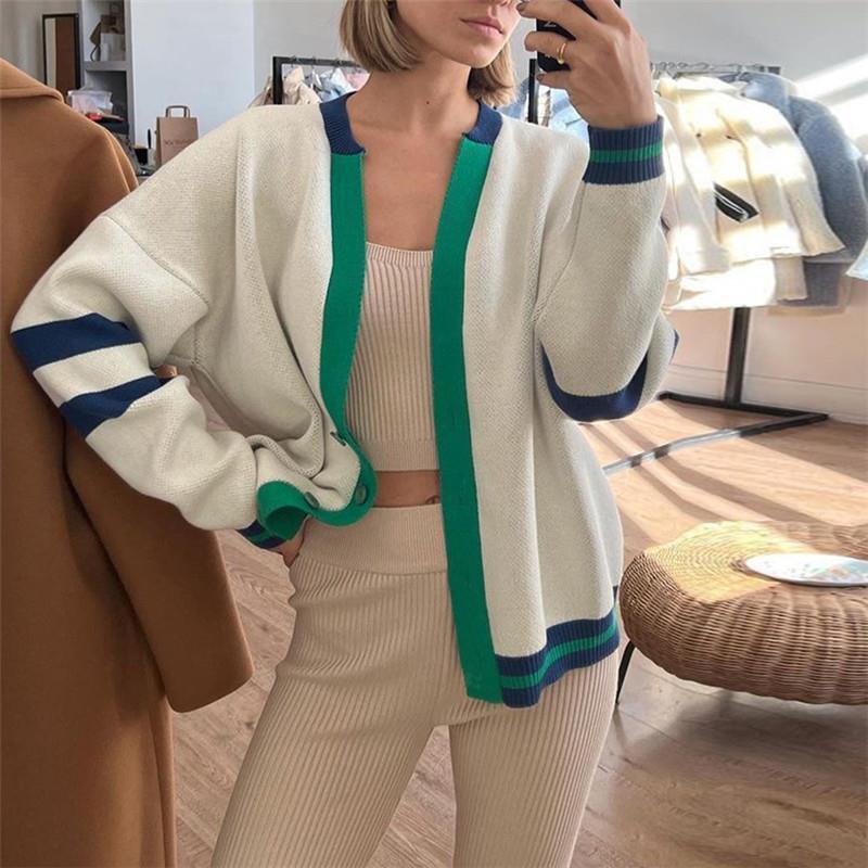 Fashion Contrast Color Cardigan Loose Casual Sweater Women's Striped Simple