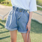 Calyx elastic waist denim shorts female summer high waist was thin student wide leg pants